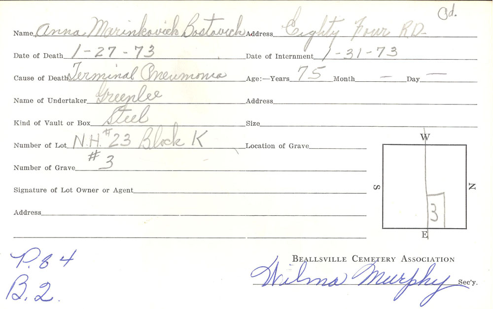 Anna Marinkovich Bostovich burial card
